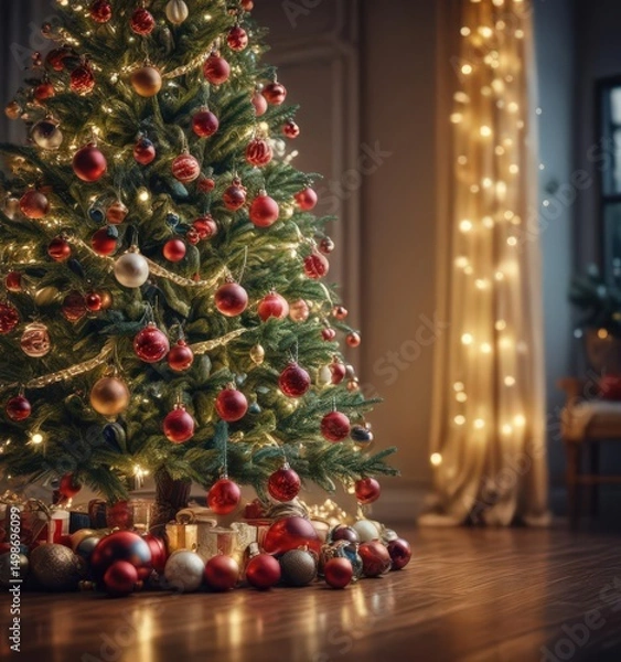 Obraz Ornate Christmas tree, vibrant baubles, soft focus fairy lights ,  blur,  holiday