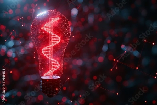 Fototapeta A red glowing DNA in a technological dark backdrop with a big empty space for text, Generative AI.