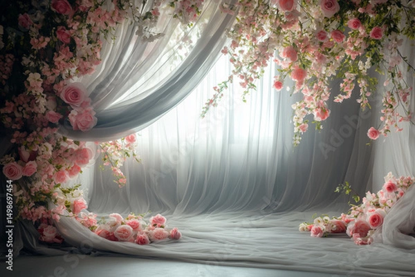 Obraz Maternity backdrop, wedding backdrop, photography background with delicate flowers and blue courtains