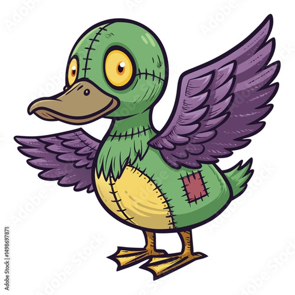 Fototapeta A decaying zombie duck, its tattered wings crudely stitched, glowing green eyes piercing the darkness.  Highly detailed, realistic rendering.