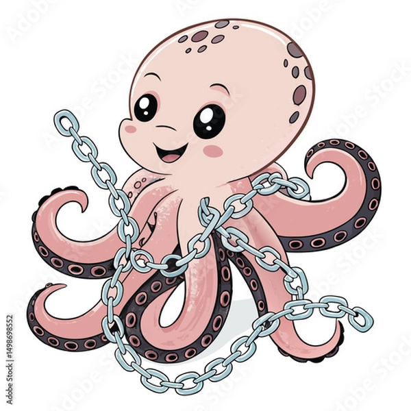 Fototapeta Adorable baby octopus with a playful smile, playfully adorned with tiny, delicate golden chains.  High-resolution, detailed, cute.