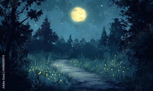 Fototapeta Digital painting of a mystical moonlit path through an enchanted forest with glowing fireflies, Generative AI