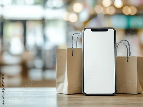 Obraz smartphone with a blank screen and shopping bags on a wooden table