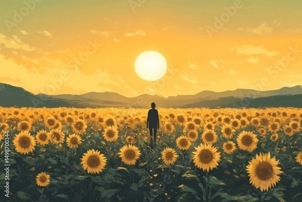Fototapeta Illustration of a person walking through a sunflower field under a bright summer sky, Generative AI