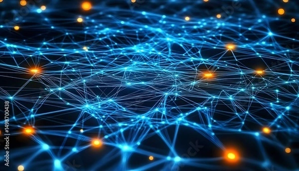 Fototapeta Detailed network of interconnected glowing points and lines.