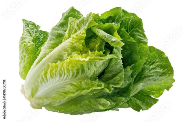 Fototapeta Fresh romaine lettuce head with dew on dark background, cut out