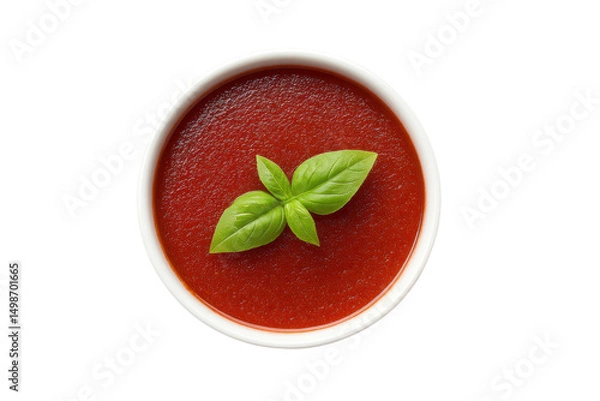 Fototapeta Fresh tomato soup with basil garnish in white bowl on black background, cut out