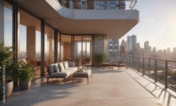 Fototapeta Sun-drenched luxury high-rise apartment, spacious balcony,  dwelling,  bright