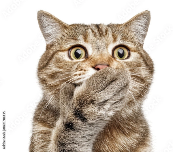 Fototapeta Surprised tabby cat with paws on mouth in shocked expression on black background, cut out