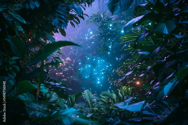 Fototapeta Mystical bioluminescent jungle glowing with teal and purple light beneath a starlit forest canopy.