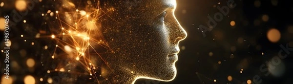 Fototapeta Profile view of a digital face, illuminated by glowing particles.