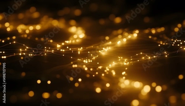 Fototapeta Golden network of interconnected particles against a dark background.