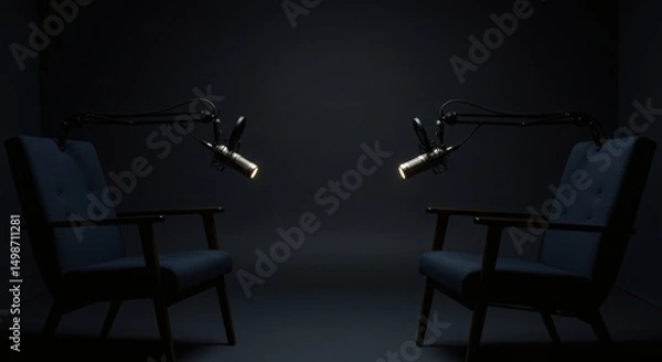 Fototapeta two chairs and microphones in podcast or interview room on dark background