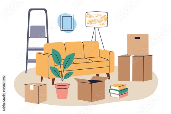 Fototapeta Vector illustration of moving day scene with furniture, cardboard boxes and home items. Sofa, lamp, plants and books during relocation, step ladder and scattered belongings, settling into new home