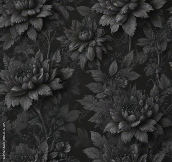 Obraz Intricate charcoal floral wallpaper, seamless pattern, grey, pattern