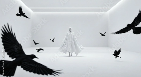 Fototapeta white humanoid dressed in white cloak in white room with various black birds