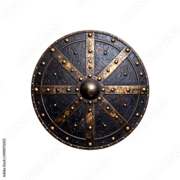 Fototapeta Ancient bronze and black metal round shield design art on transparent background