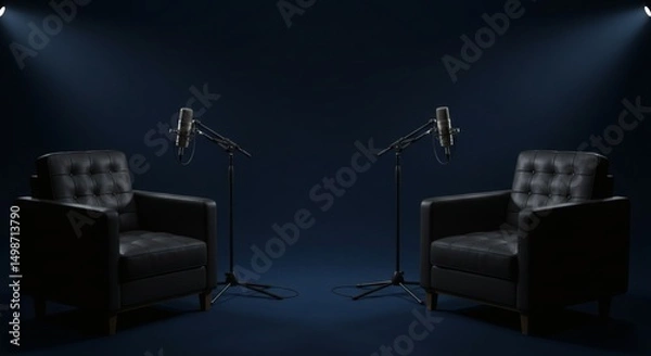 Fototapeta two chairs and microphones in podcast or interview room on dark background