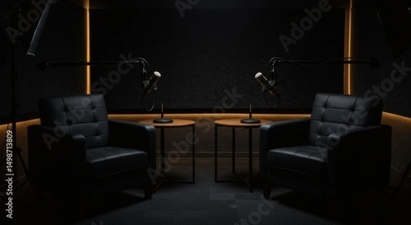 Fototapeta two chairs and microphones in podcast or interview room on dark background