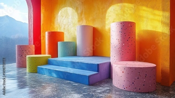Fototapeta Colorful Abstract Steps and Cylinders Studio Set Against Vibrant Yellow Wall