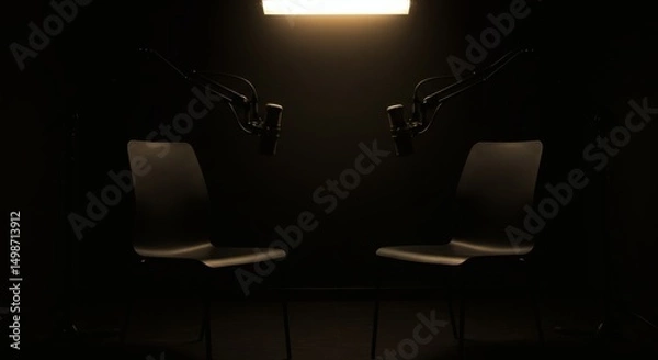 Fototapeta two chairs and microphones in podcast or interview room on dark background