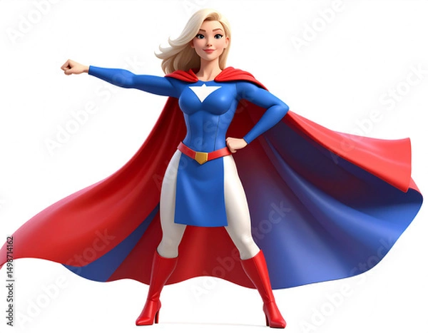 Obraz Stylized superhero with cape flowing, bold pose, comic-style