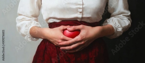 Fototapeta close-up of person wearing white blouse and red skirt holding a red heart shape gently with both hands against a dark background, conveying care and warmth