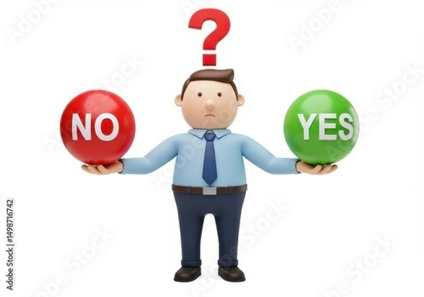 Fototapeta 3D Illustration of Cartoon man holding yes and no spheres with a question mark above his head isolated on white background representing decision making