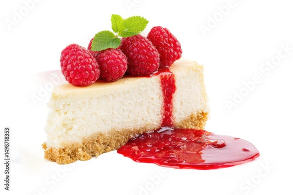 Fototapeta Raspberry cheesecake slice with fresh berries and mint garnish on crumbly base, cut out