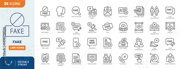 Obraz Fake line editable icon set. Contain icons related to Fake, Disinformation, hoax, and more. Editable stroke. Vector illustration