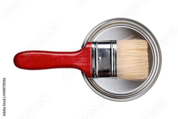 Fototapeta Round paintbrush with red handle resting on open metal paint can lid, cut out