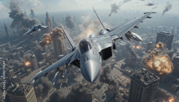 Obraz Fighter jet aerial combat, city backdrop, explosions, war	
