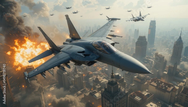 Obraz Fighter jet aerial combat, city backdrop, explosions, war	
