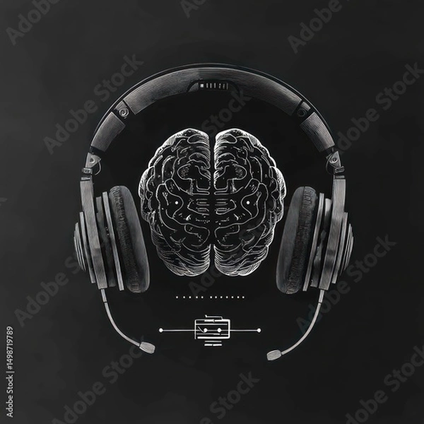 Fototapeta Illustration of a human brain wearing large over-ear headphones with a microphone on a dark background symbolizing thinking and audio communication