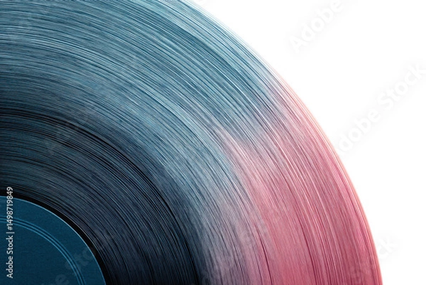 Fototapeta Close-up of vinyl record with gradient colors and grooves on black background, cut out