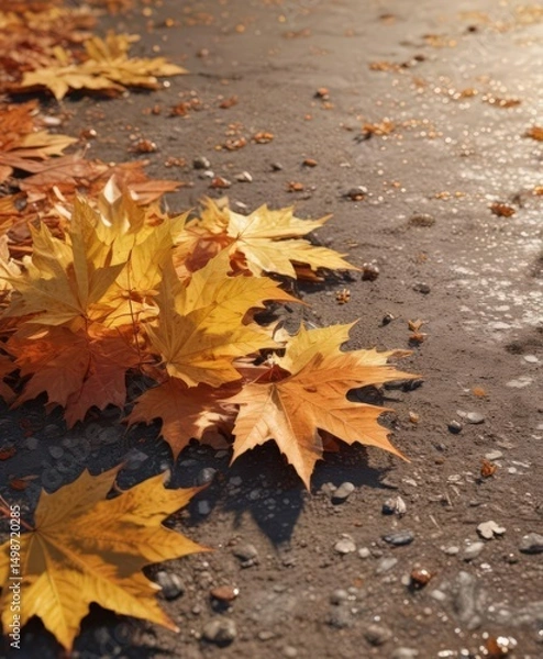 Fototapeta Sunlit maple leaves scattered on ground, ample copy space, design, natural light, vibrant