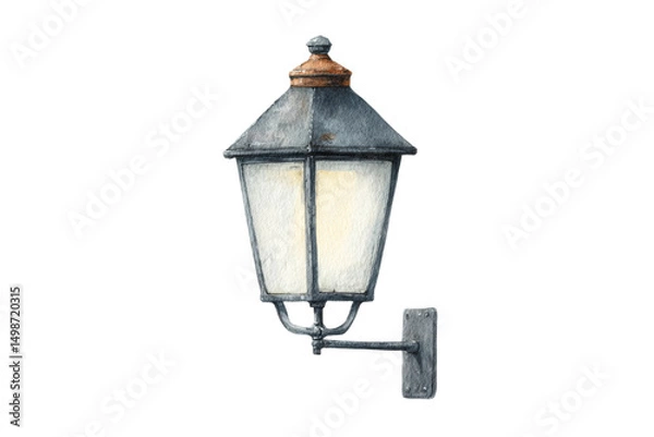 Fototapeta Vintage metal wall lantern with rustic weathered finish and soft illuminated glow, cut out