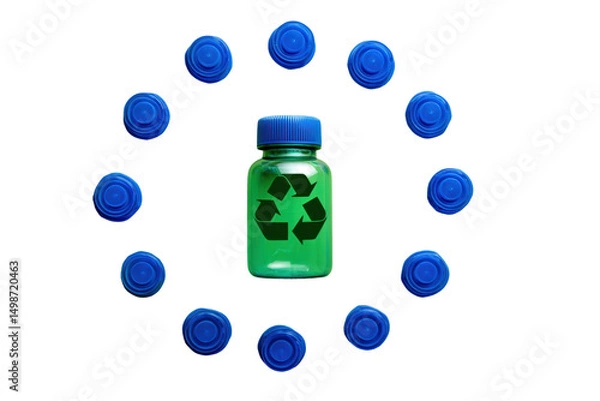 Fototapeta Recycling symbol on green bottle with blue caps in circular pattern on black background, cut out