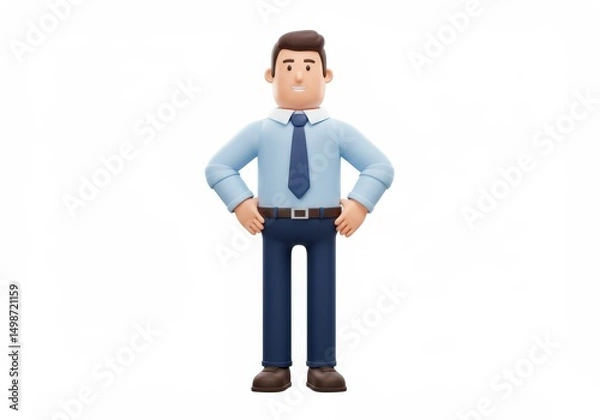 Fototapeta 3D Illustration of 3d cartoon of a businessman in blue shirt and tie standing with hands on hips isolated on white background