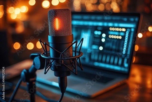 Fototapeta Close-up of a professional condenser microphone with shock mount in front of an open laptop showing audio editing software with blurred warm bokeh lights in the background