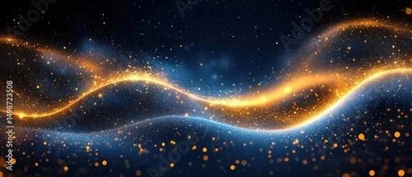 Fototapeta Abstract waves of golden and blue glowing particles creating a dynamic sparkling light trail on a dark background conveying energy and motion