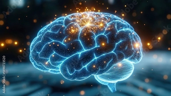 Fototapeta Digital 3D rendering of a glowing human brain with illuminated neural connections and spark-like particles representing brain activity and intelligence