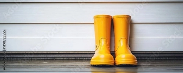 Fototapeta Pair of bright yellow rubber rain boots standing upright on dark wooden floor against white wall paneling