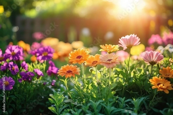 Fototapeta Colorful vibrant flowers in full bloom under warm sunlight in a lush garden setting creating a peaceful and uplifting atmosphere