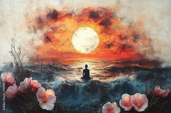Fototapeta Silhouetted figure meditating amidst turbulent ocean waves facing a glowing large sun surrounded by fiery orange and red sky with delicate pink flowers and bare branches in foreground