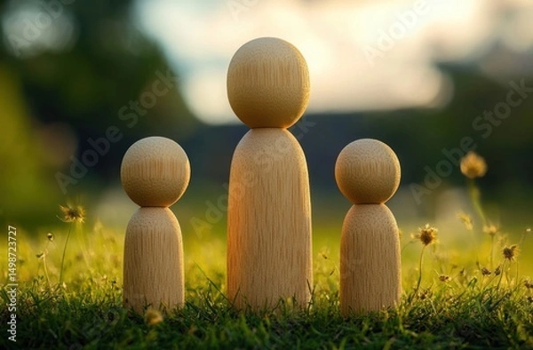 Fototapeta Three wooden peg dolls of varying sizes standing upright on grass with a blurred natural background in soft sunlight