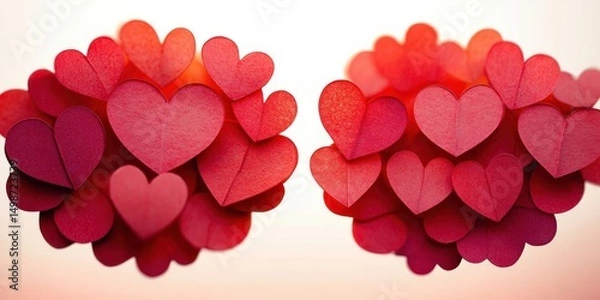 Fototapeta Clusters of red paper hearts arranged closely together against a soft light background, evoking feelings of love and warmth