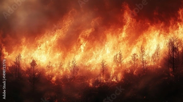 Fototapeta Intense wildfire consuming dry trees in a forest with large flames and thick smoke creating a dramatic and destructive scene