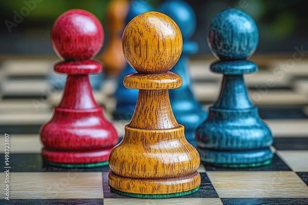 Fototapeta Close-up of four colorful wooden chess pawns in yellow, red, and blue on a chessboard evoking strategic thinking and gameplay