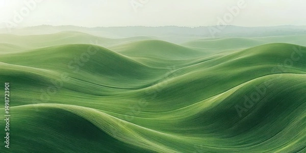 Fototapeta Smooth rolling green hills under soft light with a misty horizon creating a calm and peaceful atmosphere
